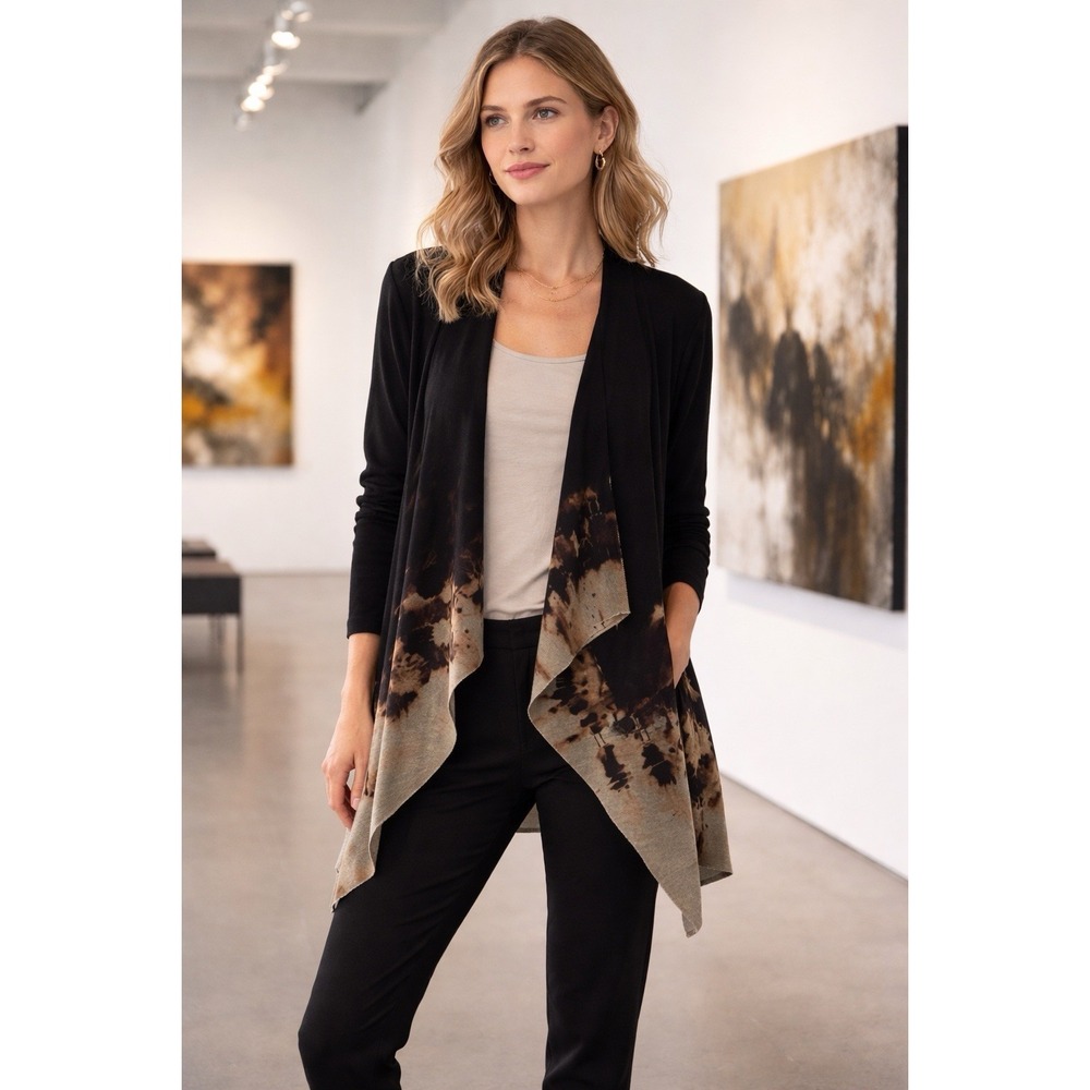 Art of Cloth Women Cardigan Jacket XL Black Abstract Draped Open Front Made USA‎